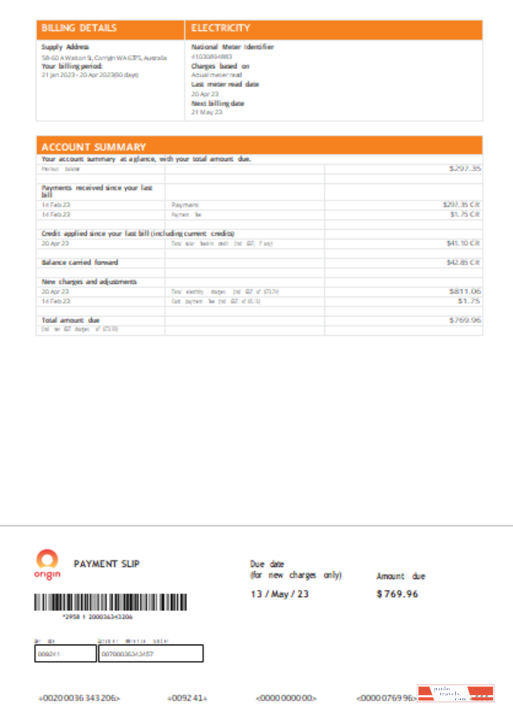 Origin utility business bill,  page 2, SCR PSD template